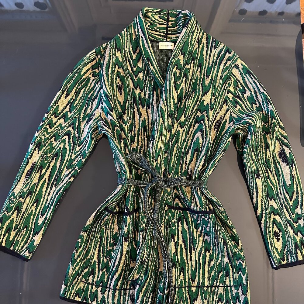 Dries Van Noten Green Patterned Cradigan Wrap Sweater Womens Sz Small